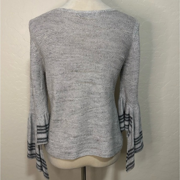 NIC+ZOE Gray Linen Long Striped Ruffle Bell Sleeve Pullover Sweater Size 2P - Picture 5 of 11